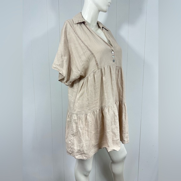 ZARA Women M Beige V neck Half Button Short Sleeve Boho Linen Blend Mini Dress - Picture 5 of 11